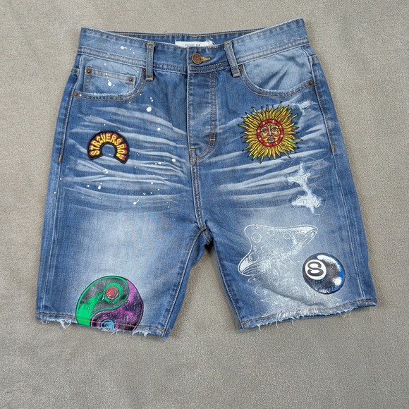 Strivers Row Denim Shorts Mens 30 Blue Patched Paint Splatter Distressed Button — photo 2